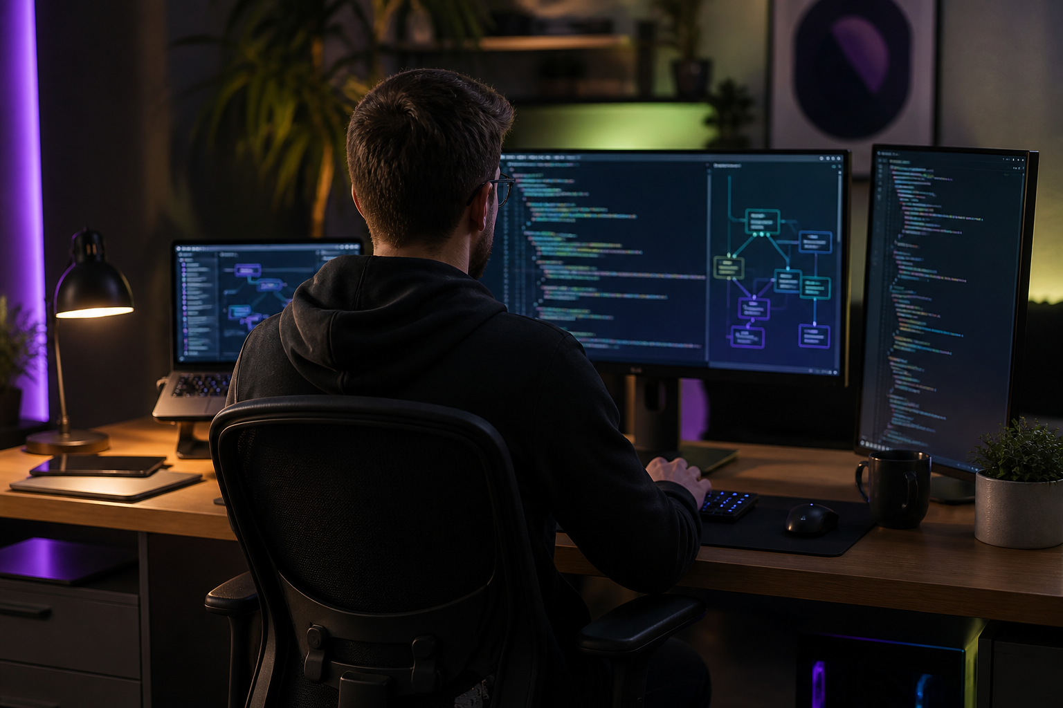 Developer coding an AI phone answering workflow from behind