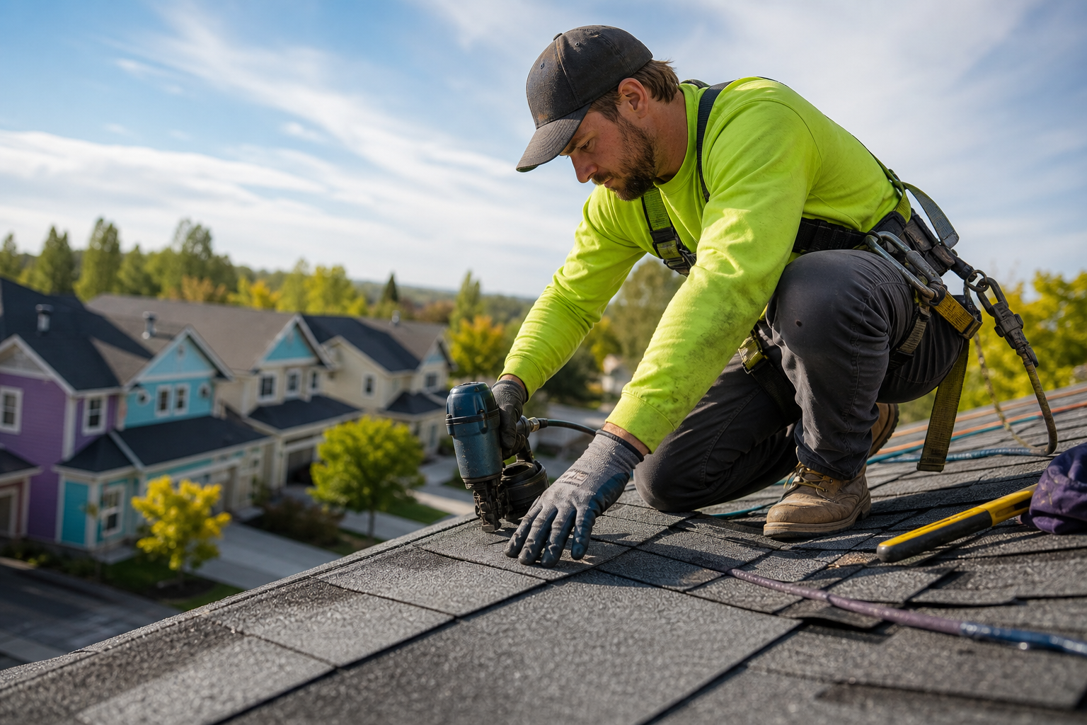 Roofer working on a residential roof while calls are handled