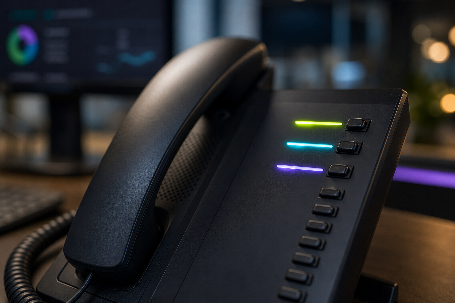 Close-up of an office phone with three ringing lines