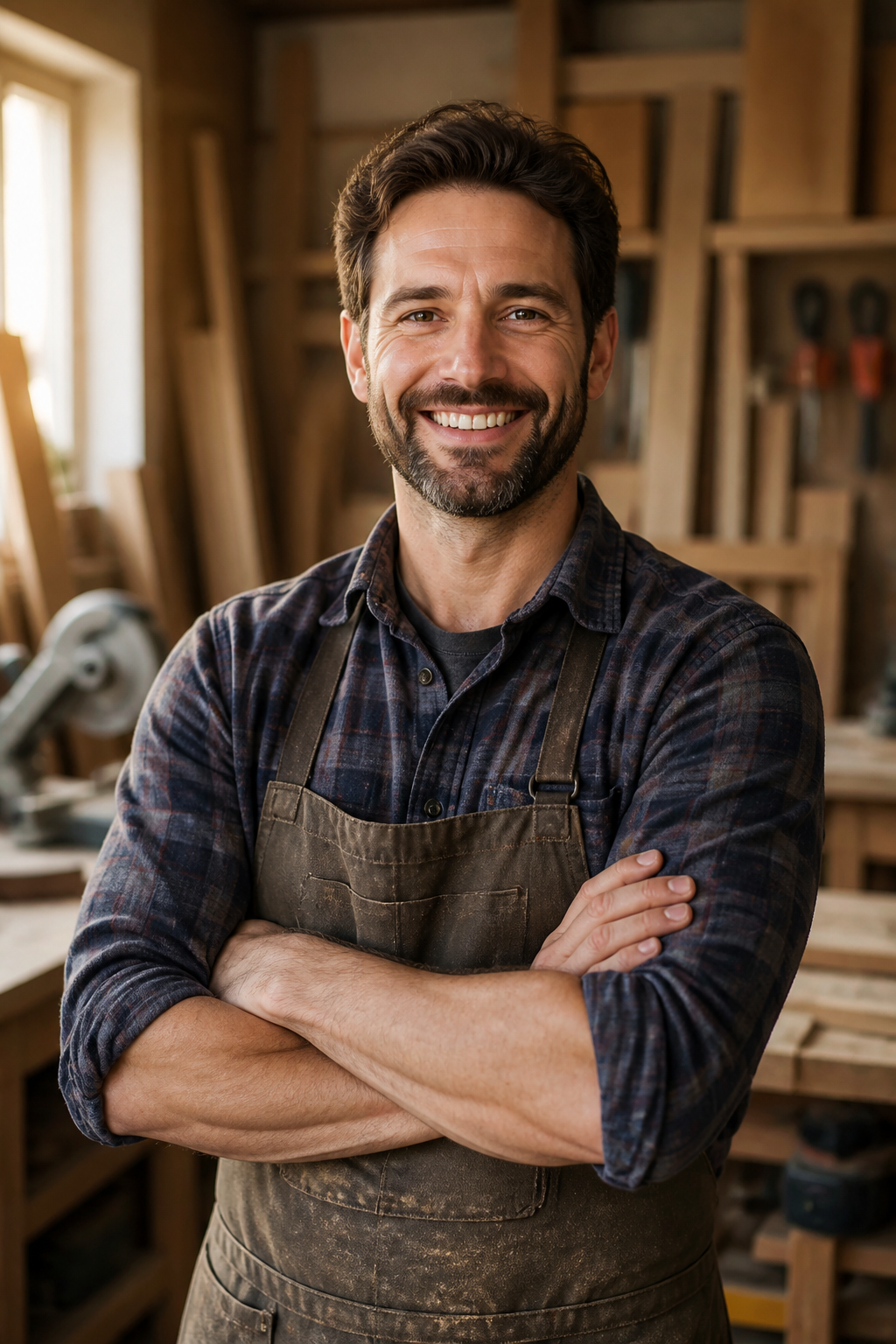 Smiling carpenter standing with crossed arms in a workshop