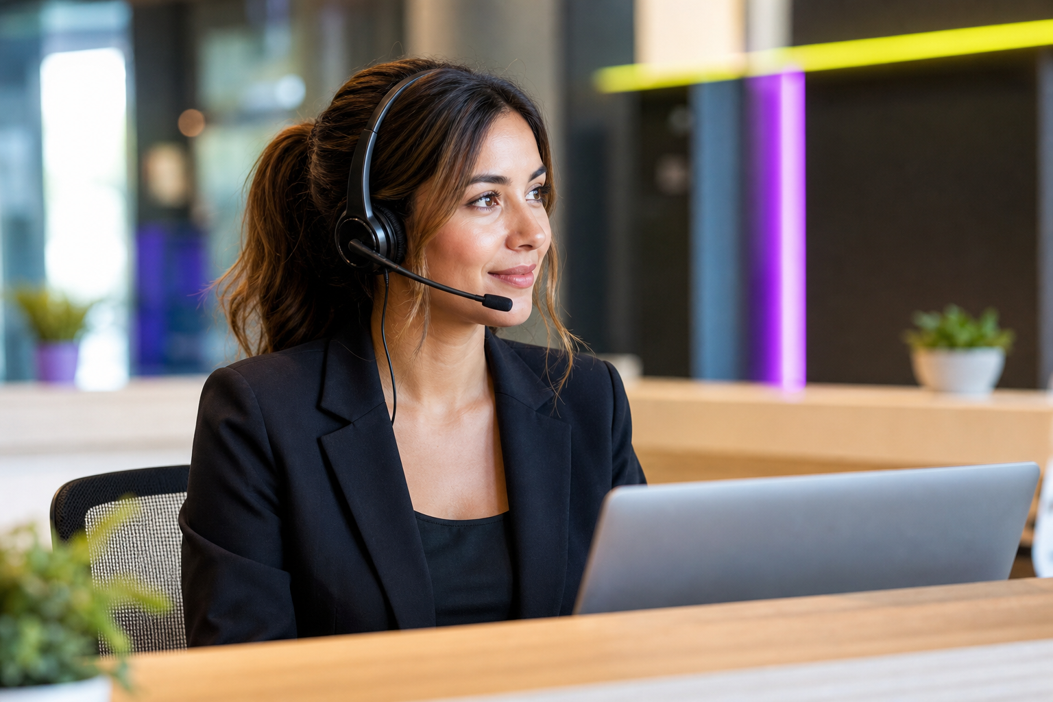 Tele-receptionist wearing a headset and looking to the right
