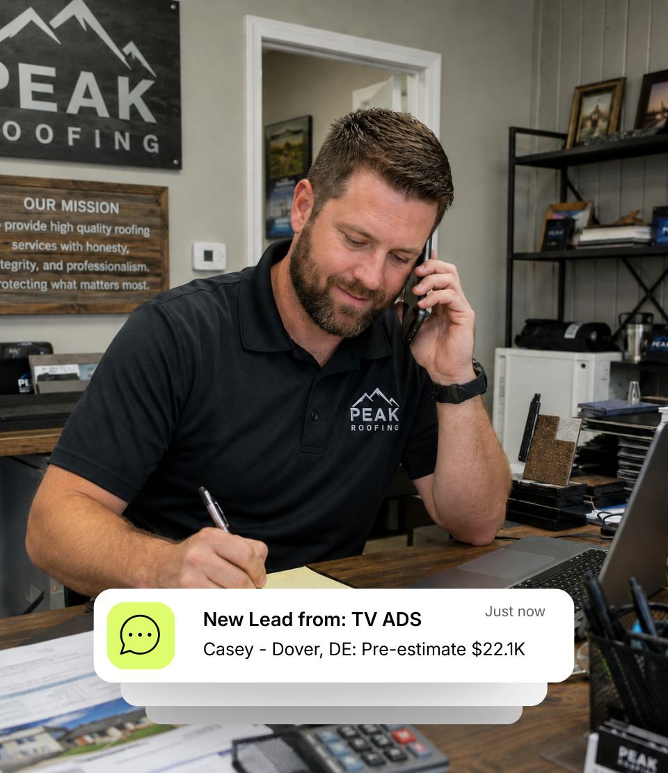 Local roofing business owner receiving a new TV ads lead
