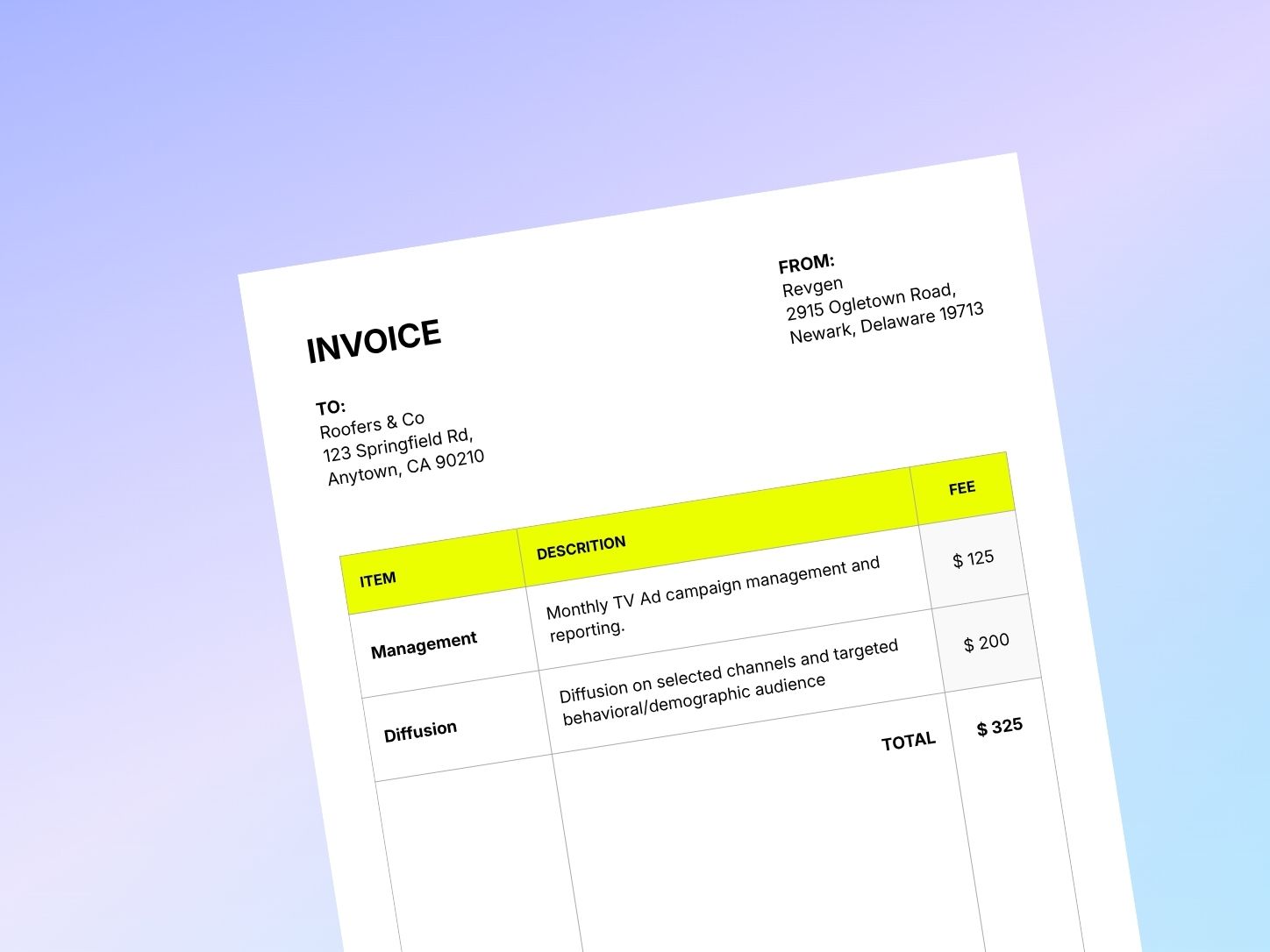 Invoice showing affordable local business TV advertising costs
