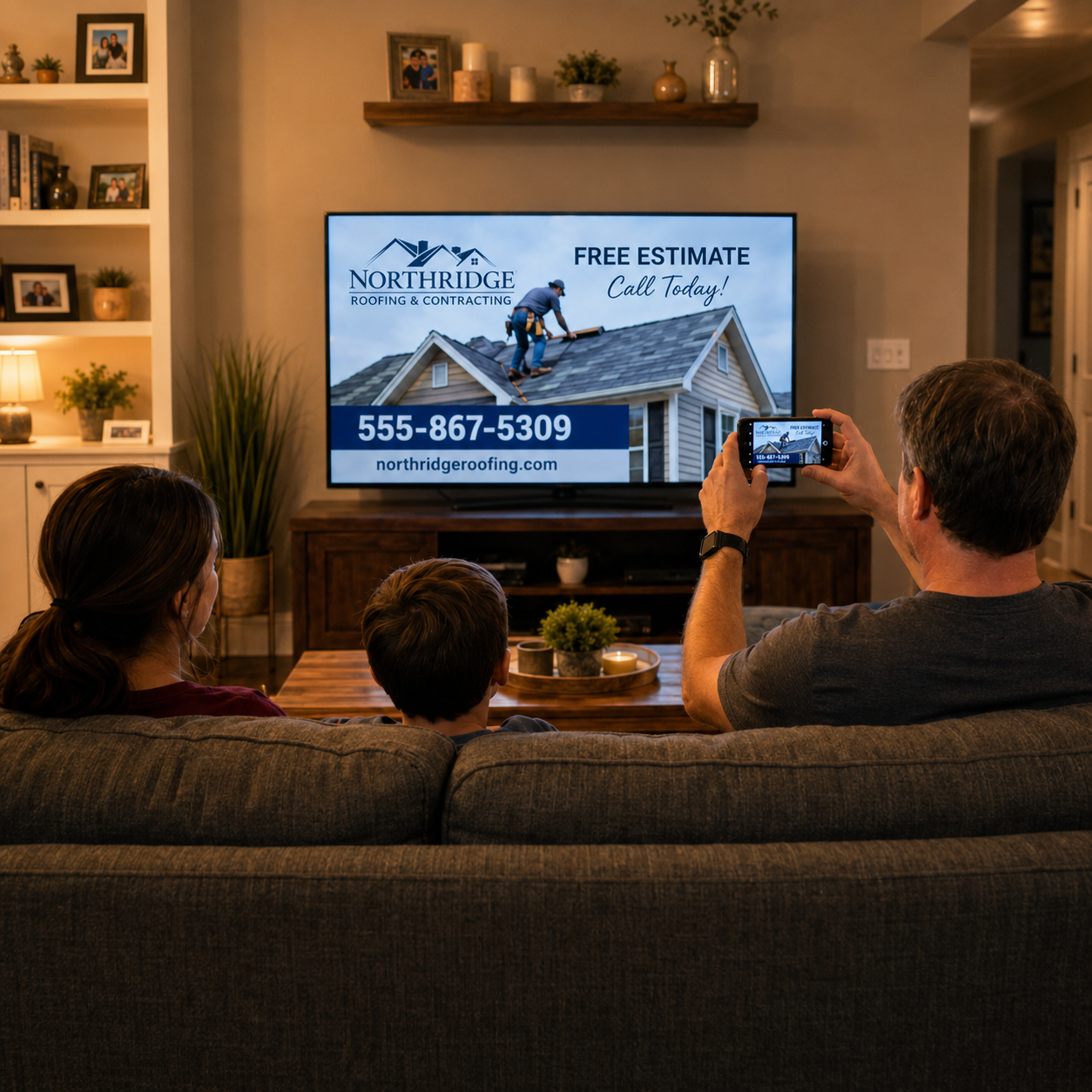 Family watching an affordable local business TV advertisement at home