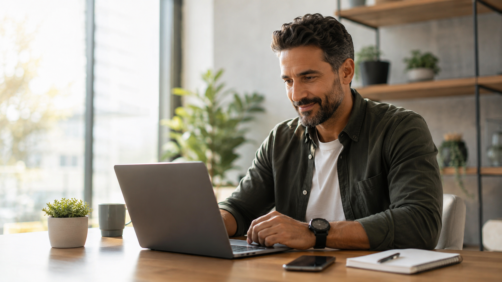 Small business owner smiling while working on a laptop