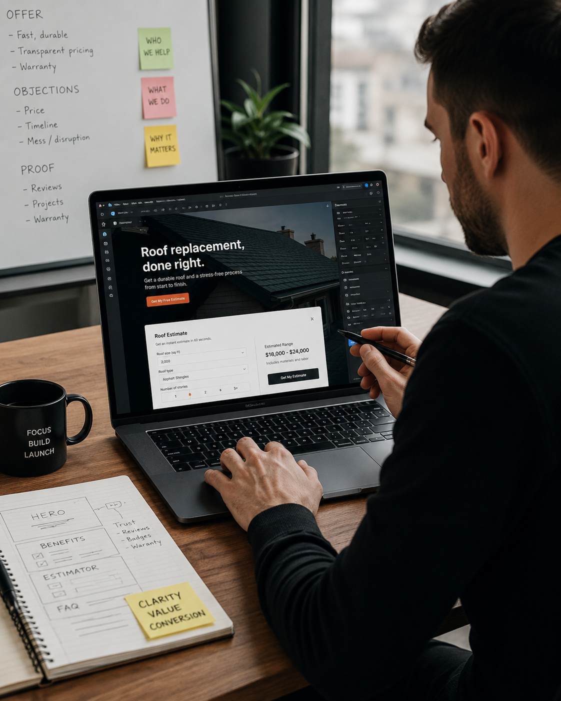 Website builder creating a service business website with a quote form