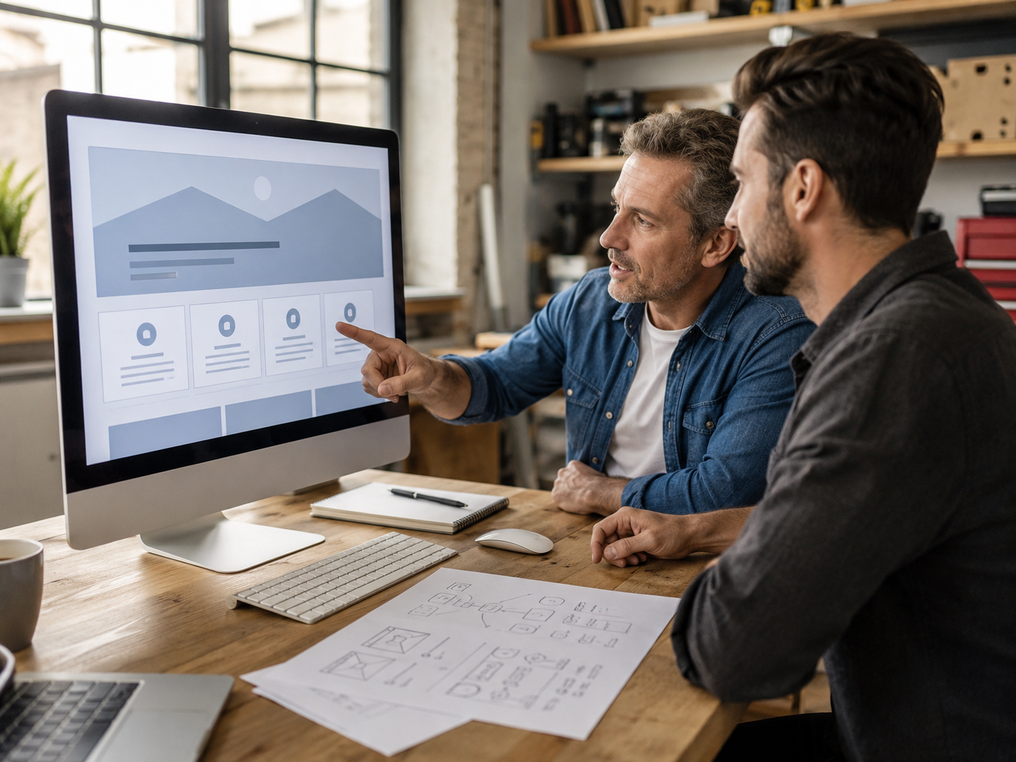 Business owner and website specialist reviewing a clear homepage structure on a desktop screen