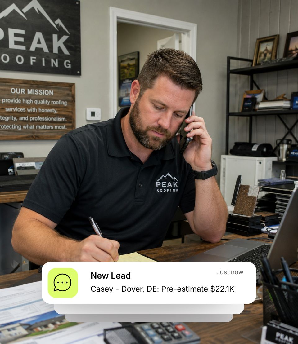 Roofing business owner taking a call after receiving a new website enquiry