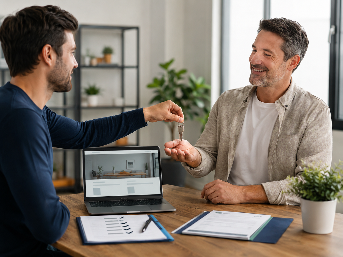 Service business owner receiving a website handover with laptop and paperwork on the table